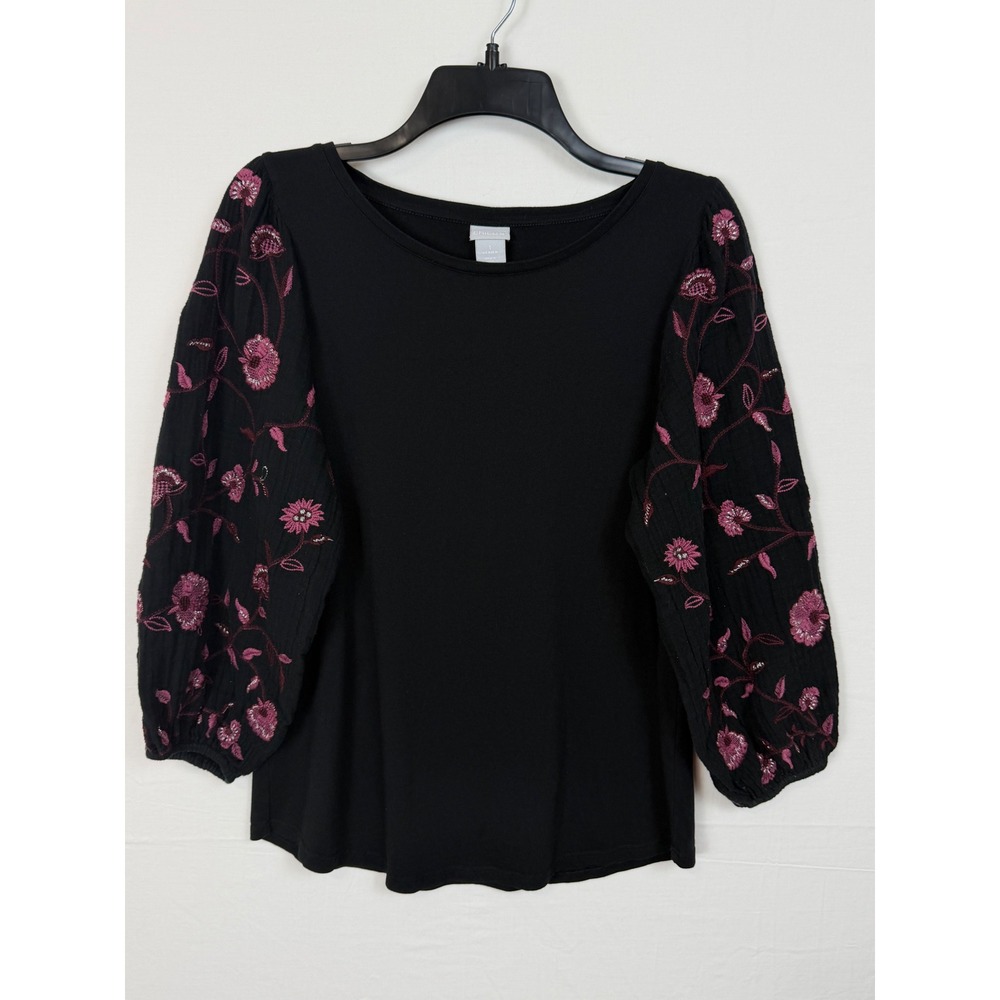Chico's Women Cotton Knit Top M Black Floral Embroidered Balloon Sleeve 1